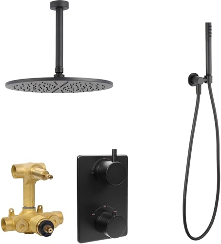 Saqu Shine Unterputz Duscharmatur Decke Ø 30 cm - mit Deckenanschluss Matt Schwarz - Regendusche Duschset mit Duschkopf Duschsystem Duschgarnitur