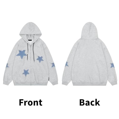 Image of BAIMORE Unisex Vintage Blue Star Patch Drawstring Zipper Hoodie Loose Casual Couple Jacket