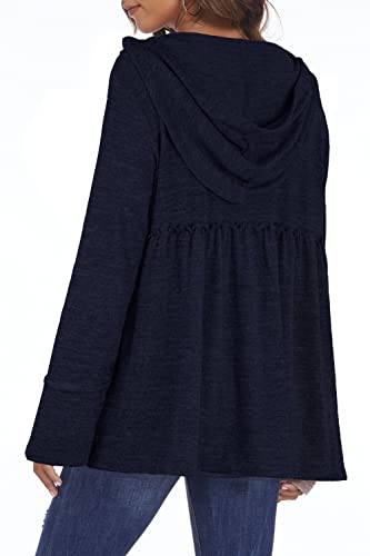 Deesha Women's Full-Zip Hooded Sweatshirt Pleated Tiered Ruffle Hooded Sweatshirts Jacket Coat Navy Blue #TOP3