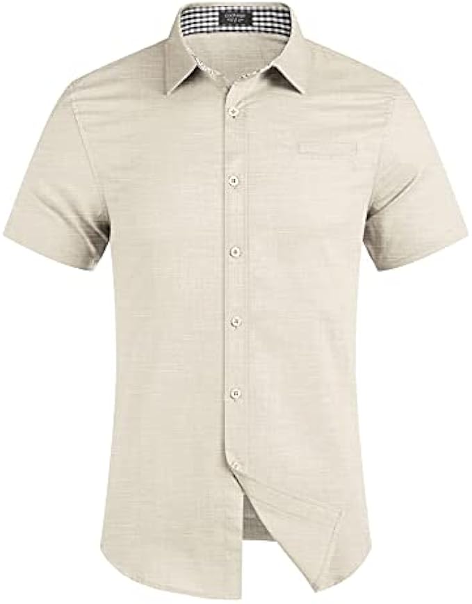 COOFANDY Men's Regular-Fit Short-Sleeve Solid Linen Cotton Shirt Casual Button Down Beach Shirt