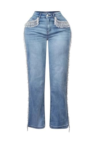 Women's High Waisted Fringe Denim Pants Tassels Skinny Denim Jeans Rhinestone Fringe Trendy Denim Pants