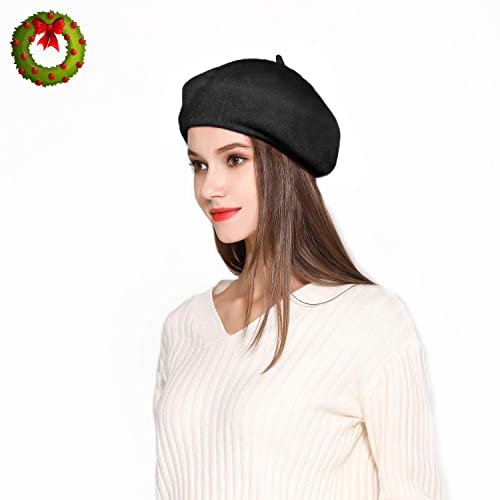 Jeicy Wool Beret Hat Solid Color French Beret With Skily Scarf And Brooch, Black #TOP3