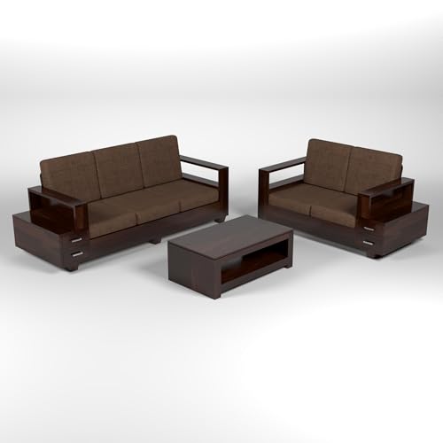 Image of Solid Sheesham Wood 5 Seater Sofa Set | Five Person Sofa Set with Storage | 3+2 Wooden Sofa Chair for Elegant Living Room Home Decor (Design 6)