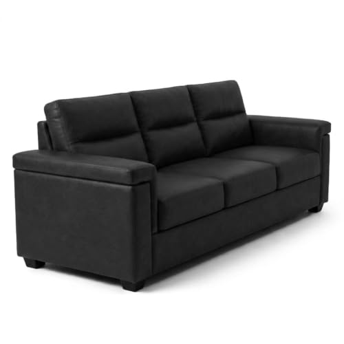 Image of FURNY Parker 3 Seater Fabric Sofa Set with Leatherette Finish | Durable Comfort | Ideal for Living Room | Modern Design (Black Leatherette)