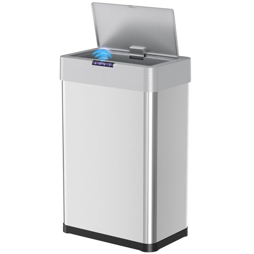 LIFERUN Cubo de basura con sensor, cubo de basura de cocina de 50 litros, tapa eléctrica con anillo de sujeción para bolsas de basura, cubo de basura automático sin contacto de acero inoxidable, color