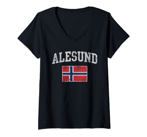 Mujer Alesund Noruega Bandera Norge Noruega Hombres Mujeres Niños Familia Camiseta Cuello V