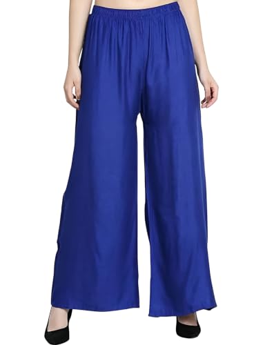 Image of FASHION GALLERY Women's Solid Rayon Palazzo Pants | Relaxed Fit Full Length Wide Leg Palazzo | Elastic Waist Comfortable Casual Lounge Office Ethnic Flared Trousers for Women