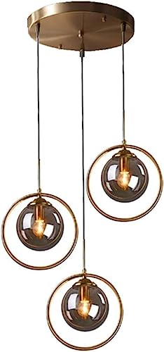 SYAXVOM Lampadario a Sospensione Moderno di Grandi Dimensioni, Stile Mid-Century, in Vetro Grigio Fumo, con 3 luci, lampadario Vintage Dorato a Sospensione, lampadario Industriale Stile RU