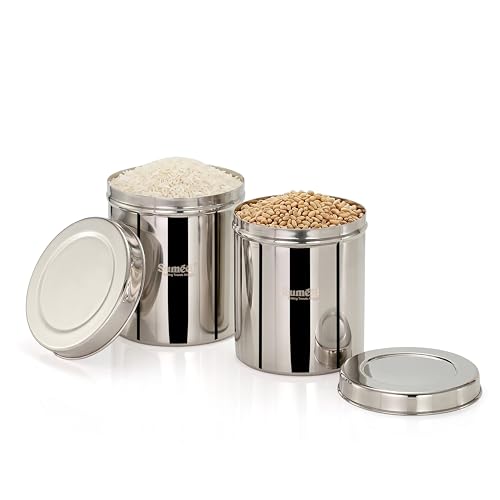 Image of Sumeet Stainless Steel Big Dabba /Canisters /Vertical Storage Container for Kitchen, 17cm & 18cm Dia - 3500ml - (3.5Kg to 4Kg Approx) & 4500ml - (3.9Kg to 4.5Kg Approx)