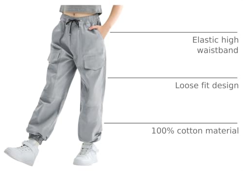 Image of Rolanko Girls Cargo Pants for Kids Loose Streetwear Hip Hop Dance Cotton Cargo Jogger Pants for Kids 4-15 Years