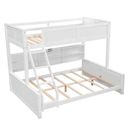 Bellemave Twin XL Over Queen Bunk Bed for Kids/Adults,Bunk Beds with Charging Station and Bookcase,Solid Wood Bunk Beds Twin XL Over Queen for Girls,Boys,Antique White