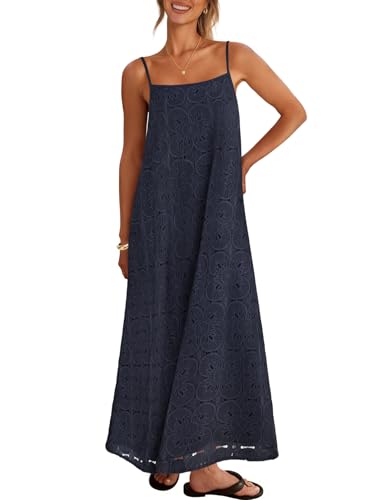 MEROKEETY Womens Summer Spaghetti Straps Sundress 2026 Casual Sleeveless Floral Lace Eyelet Boho Beach Maxi Dress Navy Small