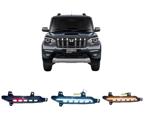 Image of DDA ENTERPRISES DRL /FRONT BUMBER Led FOG LIGHT Imported Compatible For Scorpio Classic 2022 ONWARDS Model 2Pcs With Matrix Indicator Scanning & Red And Blue Flasher IMPORTED DRL 5 FUNCTION