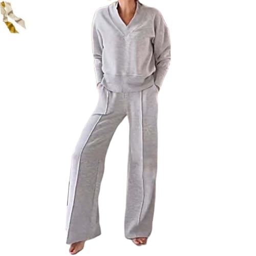 Women's Solid Color V - Neck Top and Pants Two - Piece Set,Long Sleeve Sweatshirt Wide Leg Pants Tracksuits Lounge Outfits