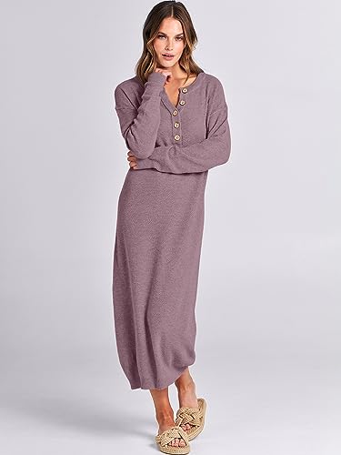 Image of ANRABESS Women Long Sleeve Button V Neck Oversized Casual Loose Fit Waffle Knit Fall Midi Sweater Dress 2026 Trendy Outfits