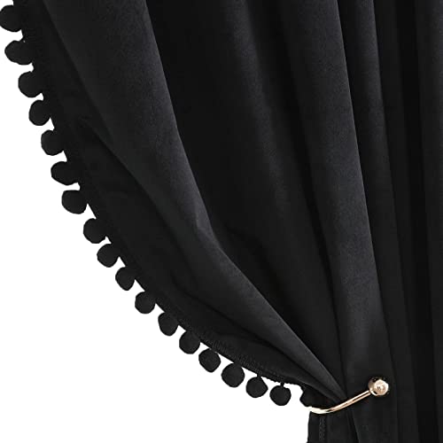 Benedeco Black Velvet Curtains for Bedroom Window with Pom Pom, Super Soft Luxury Drapes, Room Darkening Thermal Insulated Rod Pocket Curtain for Living Room, W52 by L120 inches, 2 Panels
