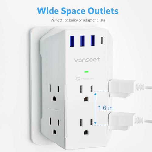 Extensión de toma múltiple Vansoet con 6 salidas y 4 puertos USB (1 USB C PD 20W), protector de sobretensión de 2100J, tomas en 3 lados para viaje, hogar, oficina, dormitorio miniatura 5