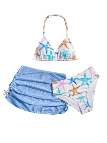 Image of RoseSeek Girl's 3 Piece Cute Bowknot Bathing Suit Halter Triangle High Waisted Swimsuit with Beach Cover Up Skirt
