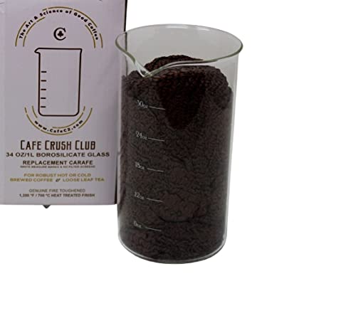 French Press Replacement Glass, CCC CafÃ© Crush Club, Fire Hardened Borosilicate Beaker 34 Ounce | 1 Liter Size With White Measures
