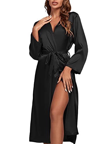 Opoipin Women's 3Pcs Pajamas Satin Cami Top And Shorts With Robe Sleepwear Set Black Medium #TOP4