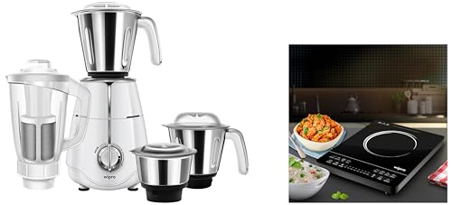 Image of Wipro Elato 1000 Watt, 100% Copper Motor, Mixer Grinder with 4 Jar, White + Wipro Vesta 2200 watt Indcution Cooktop, Black ((Build Your Home Kit(BYHK))