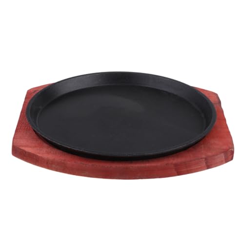 TOPBATHY Placa de Hierro Antideslizante con Base de Madera Sartén Redonda para Fajitas y Filetes Compatible con Cocina de Inducción y Gas para Cocinar Casa