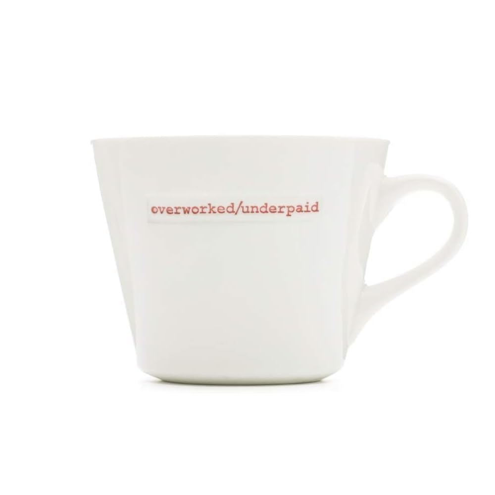 Keith Brymer Jones - Word Range - Standard Ceramic White Mug - Overworked/underpaid - 350ml - Gift Boxed