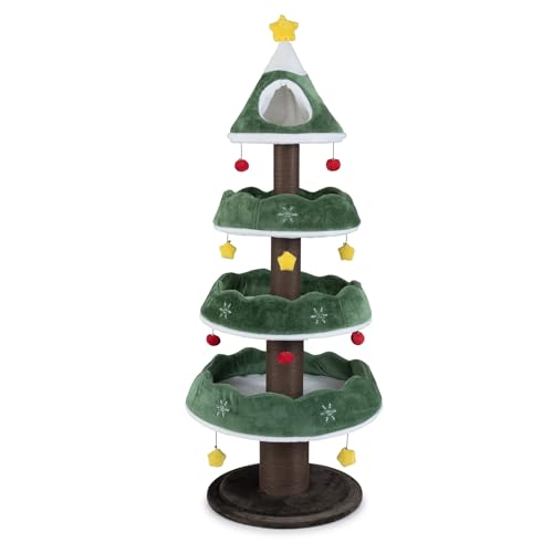 GYMAX Multi-level Cat Tree 179cm Christmas Tree Shape Kitty Tower with Plush Perch 3 Platforms Scratching Posts & Hanging Toys Indoor Cat Activity Center Festival Decoration