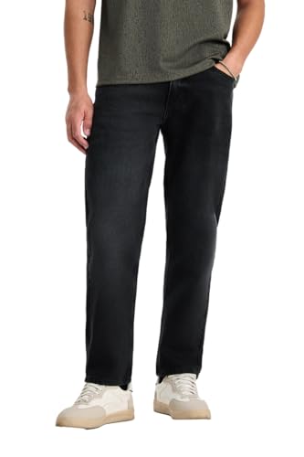 Image of SNITCH Men Casual Jeans | Relaxed Fit Straight Leg Washed Pattern & Drawstring Closure | 100% Cotton Denim Fabric for All Day Comfort & Everyday Wear