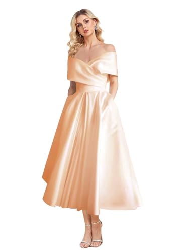 Image of Women's Off Shoulder Wedding Dress for Bride Tea Length A Line Satin Formal Prom Dresses with Pockets