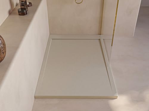 SOULBATH Plato de Ducha - Resina - Gel Coat - Textura Liso/Piedra - Antideslizante - Color Crema Intenso - 160x100- Extraplano 3cm. Incluye Válvula de desagüe - Diseño Minimalista