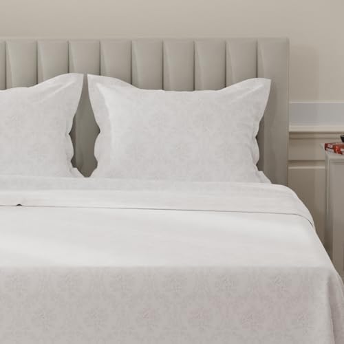 Image of Layers 100% Cotton Bedsheet for King Size Bed | Lumina Floret Collection | 144 TC Soft & Breathable | Printed with 2 Pillow Covers | Wrinkle Free & Colorfast | 3 Piece Bedding Set - White & Grey