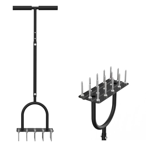 Lawn Aerator Spike Tool - Manual Grass Aerator with 15 Iron Spikes, Pre-Assembled Yard Aerator for Core Aeration, Dethatching, Heavy Duty T-Handle & Wide Foot Plate for Lawn Yard & Garden (Black)