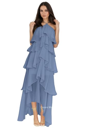 Ruffles Halter Bridemsiad Dress Tiered Chiffon Wedding Guest Dresses Flowy High Low Prom Party Dress Elegant DR0846