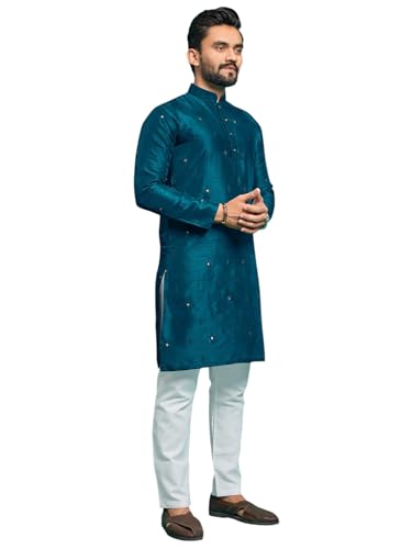 Men's Kurta with Golden Badla Thread and All-Over Embroidery Work Traditional Indian Outfit with Pajama