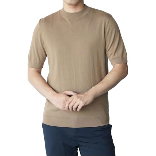 Men Wool Mock Neck Machine Process Short Sleeve Solid Sweater Pullovers
