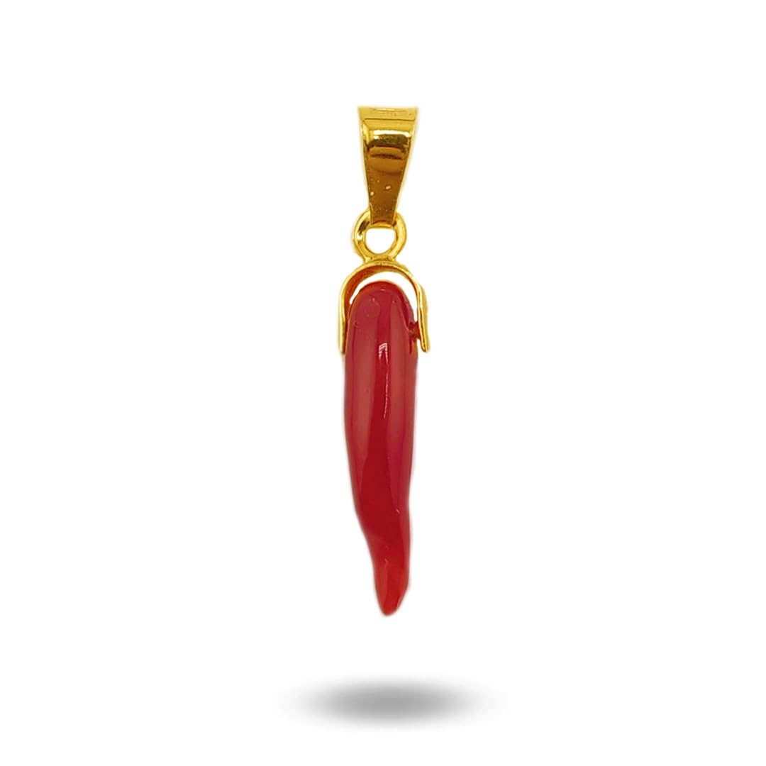 gioiellitaly Ciondolo Cornetto piccolo portafortuna in corallo rosso del Mediterraneo e argento 925 dorato ciondolo uomo donna unisex corallo vero