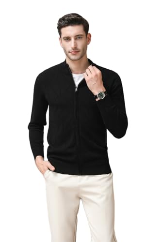 Mens 100% Wool Cardigan Sweater Full Zip Cable Knitted Stand Collar Cardigan Casual Long Sleeve Sweaters
