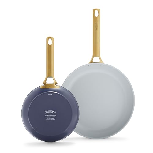 GreenPan Reserve Hard Anodized Healthy Ceramic Nonstick 8" and 10" Frying Pan Skillet Set, Gold Handle, Induction, PFAS-Free, Dishwasher Safe, Oven Safe, Blue