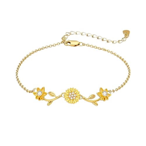 Bracelet tournesol femme argent S925 chaîne ajustable plaqué or bijou floral