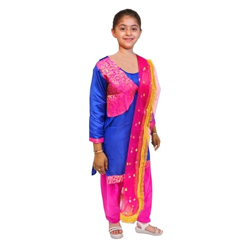 Image of Kaku Fancy Dresses Punjabi Girl Ethnic Costume for Kids - Blue & Magenta Salwar Suit Dress with Dupatta | Indian State Fancy Dress for Girls (3-4 Years)