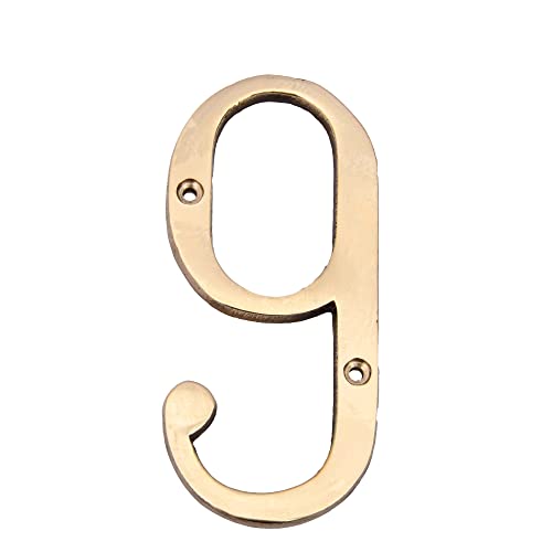 Image of 4 inch Brass House Hotel Door Number Plaque Sticky Numeric Numerical Digit 0-9 [9 (Nine)] (NINE)