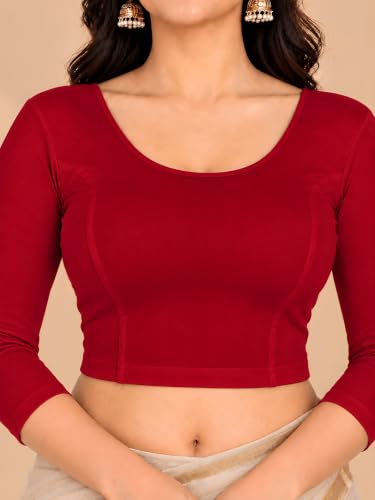 Image of Abhi Cotton Readymade Saree Blouse for Women- 3 /4 Sleeve, Round Neck, Regular-fit, Stretchable, Pull-on Style