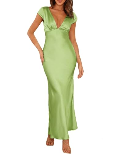Image of Halfisland Womens Summer Satin V Neck Cap Sleeve Midi Dress Wedding Guest