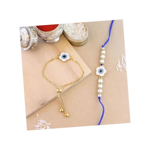 Image of I Jewels Hamsa Enamel Evil Eye Lumba Rakhi Set for Brother and Bhabhi with Roli Chawal and Rakshabandhan Card | Couple Rakhi