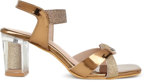 Image of Action Women's Rose Gold Glitter Sandals| Clear Block Heel| Cross-Strap Design with Ankle Strap Bronze