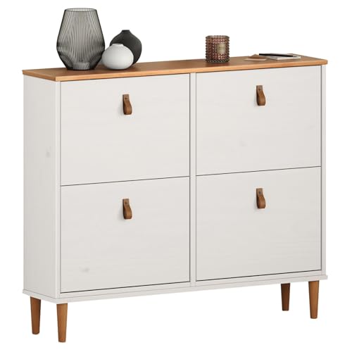 IDIMEX Meuble à Chaussures MIKKA en Bois, étagère à Chaussures Bois, Rangement avec 4 abattants en pin Massif Blanc/chêne