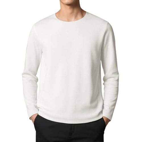 [uptoyou] あったかインナー メンズ 長袖 ハイネック ロングTシャツ クルーネック 両面起毛 8.3オンス 程よい厚み 大きいサイズ 無地 保温防寒 ストレッチ フリース 通勤通学 男女兼用 春秋冬(L ホワイト（クルーネック）)