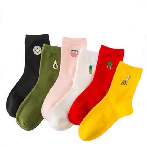 MeiLiZuRL Fruit Socks Cute Socks Cherry Avocado Pineapple Embroidered Crew Socks for Women Cotton 6pairs