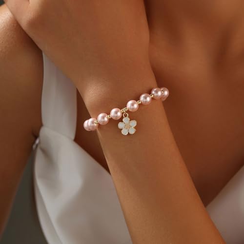 Flower Pearl Bracelet for Girls,Dainty Pearl Charm Bracelet for Flower Girl, First Day of School Birthday Jewelry Gift3